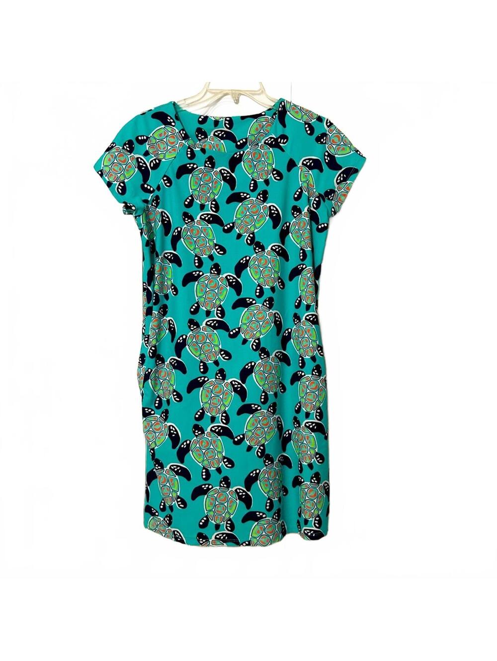 All For Color Sea Turtle Stretch Dress in Teal & Navy w/ Pockets!!! Size Medium